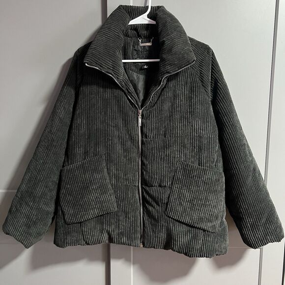 Joujou Jackets & Blazers - Joujou Women Corduroy Puffer Jacket Black Large Polyester Full Zip Mock Neck